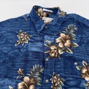 Pierre Cardin Mens Blue Tropical Hibiscus Floral Rayon Hawaiian Shirt Medium M